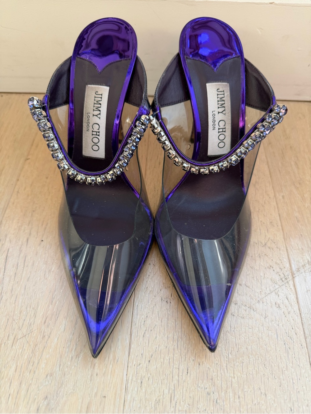 Jimmy Choo Purple Clear Pointed Toe Crystal Strap Heels